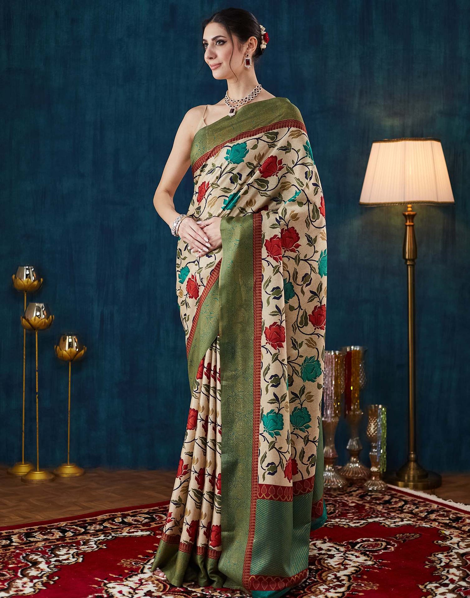 Beige Printed Silk Saree