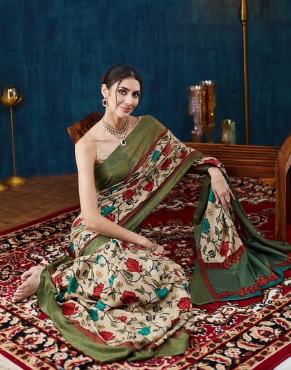 Beige Printed Silk Saree