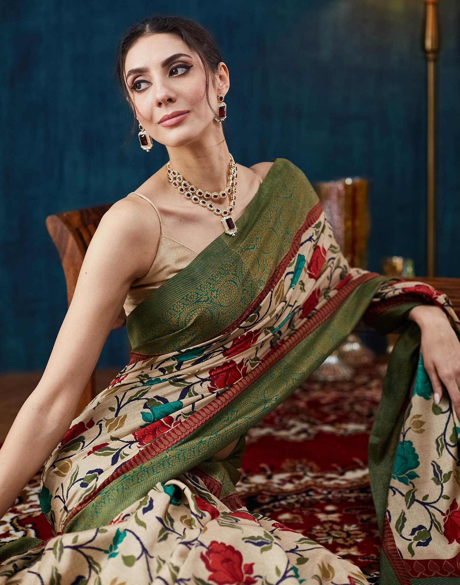 Beige Printed Silk Saree