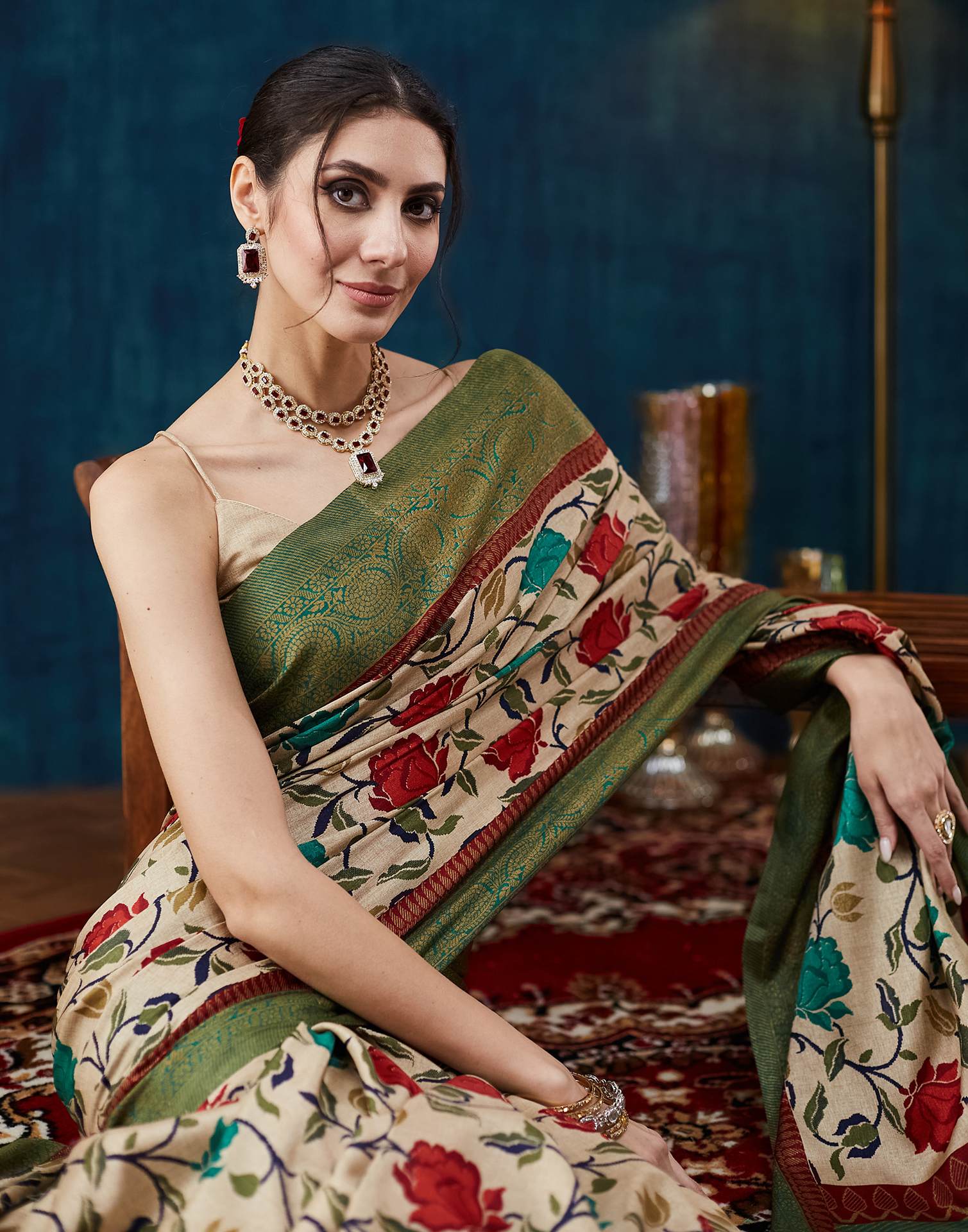 Beige Printed Silk Saree