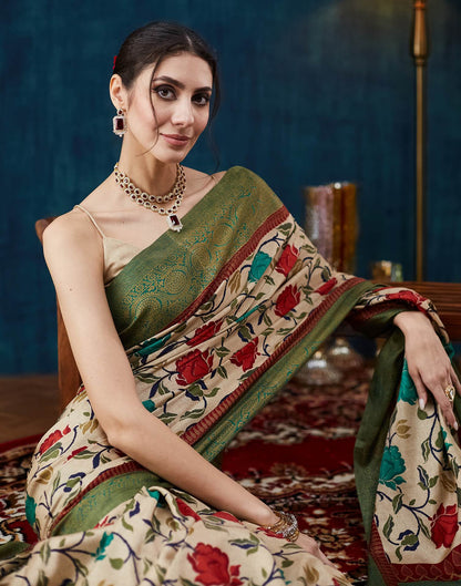 Beige Printed Silk Saree