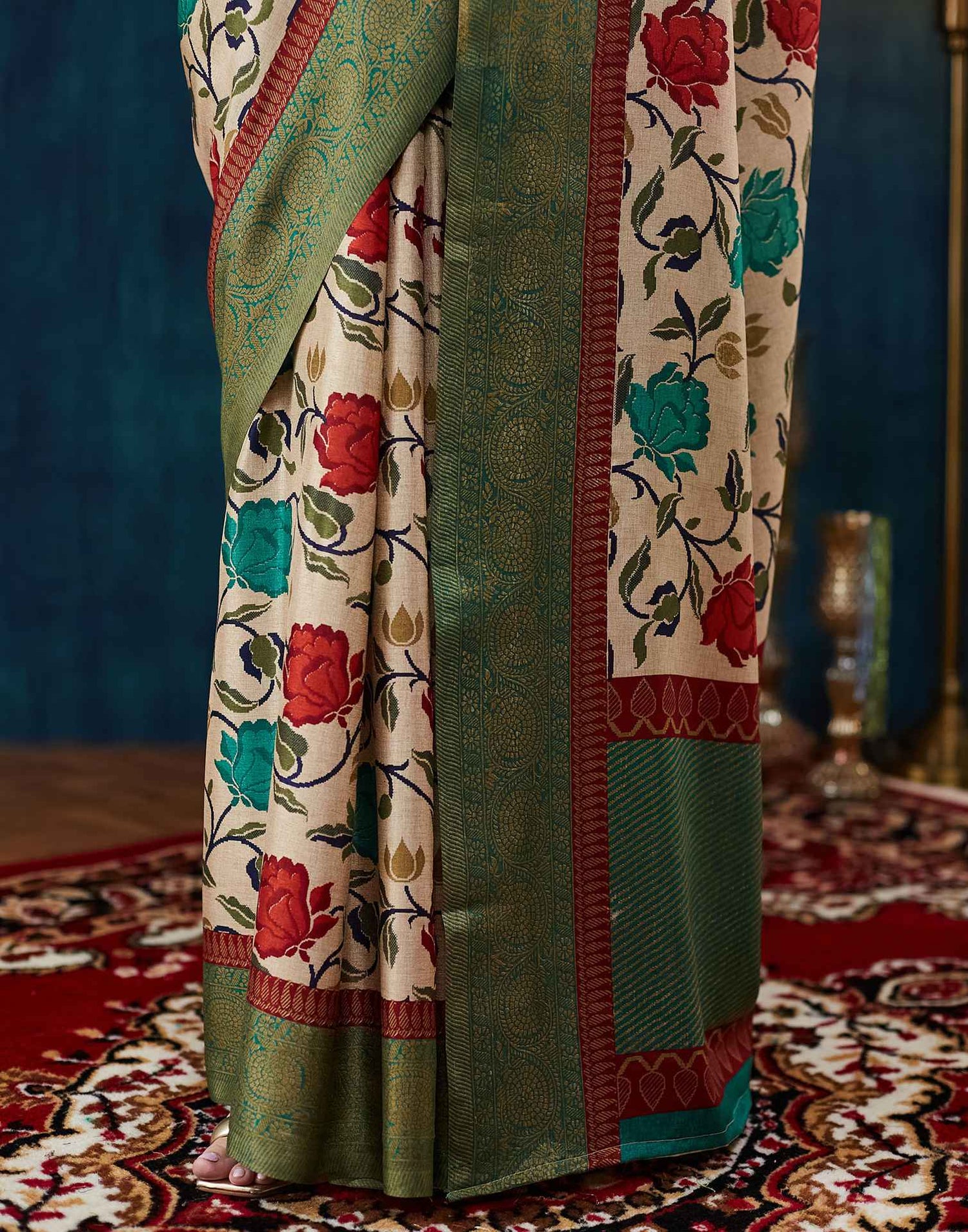 Beige Printed Silk Saree