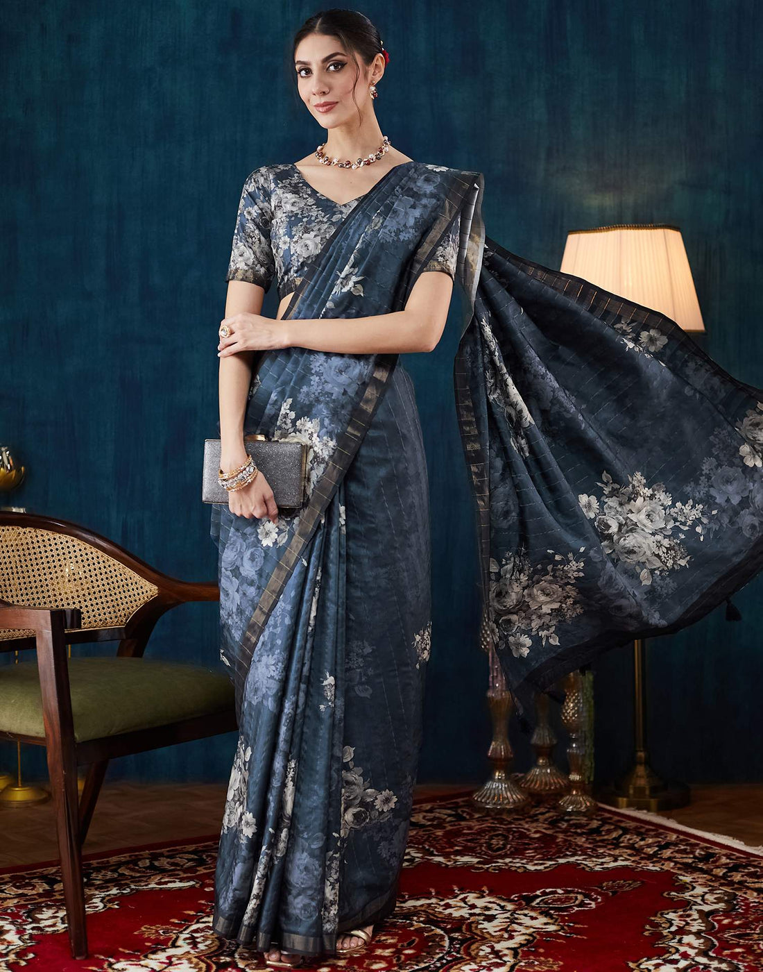 Navy Blue Printed Silk Saree