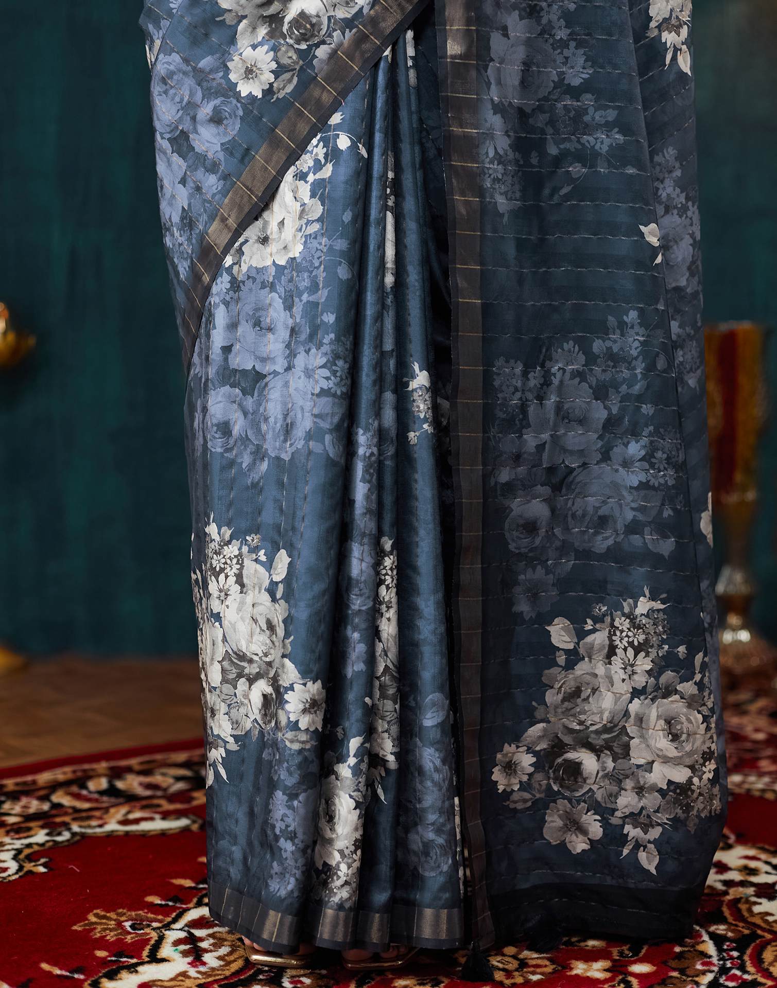 Navy Blue Printed Silk Saree