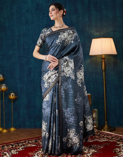 Navy Blue Printed Silk Saree