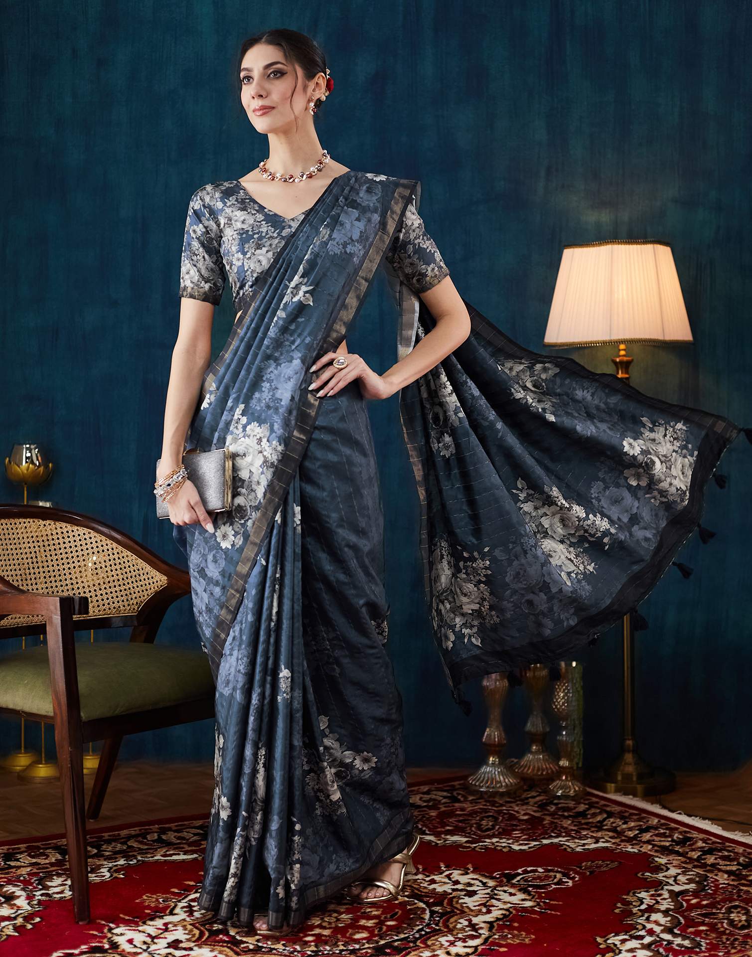 Navy Blue Printed Silk Saree