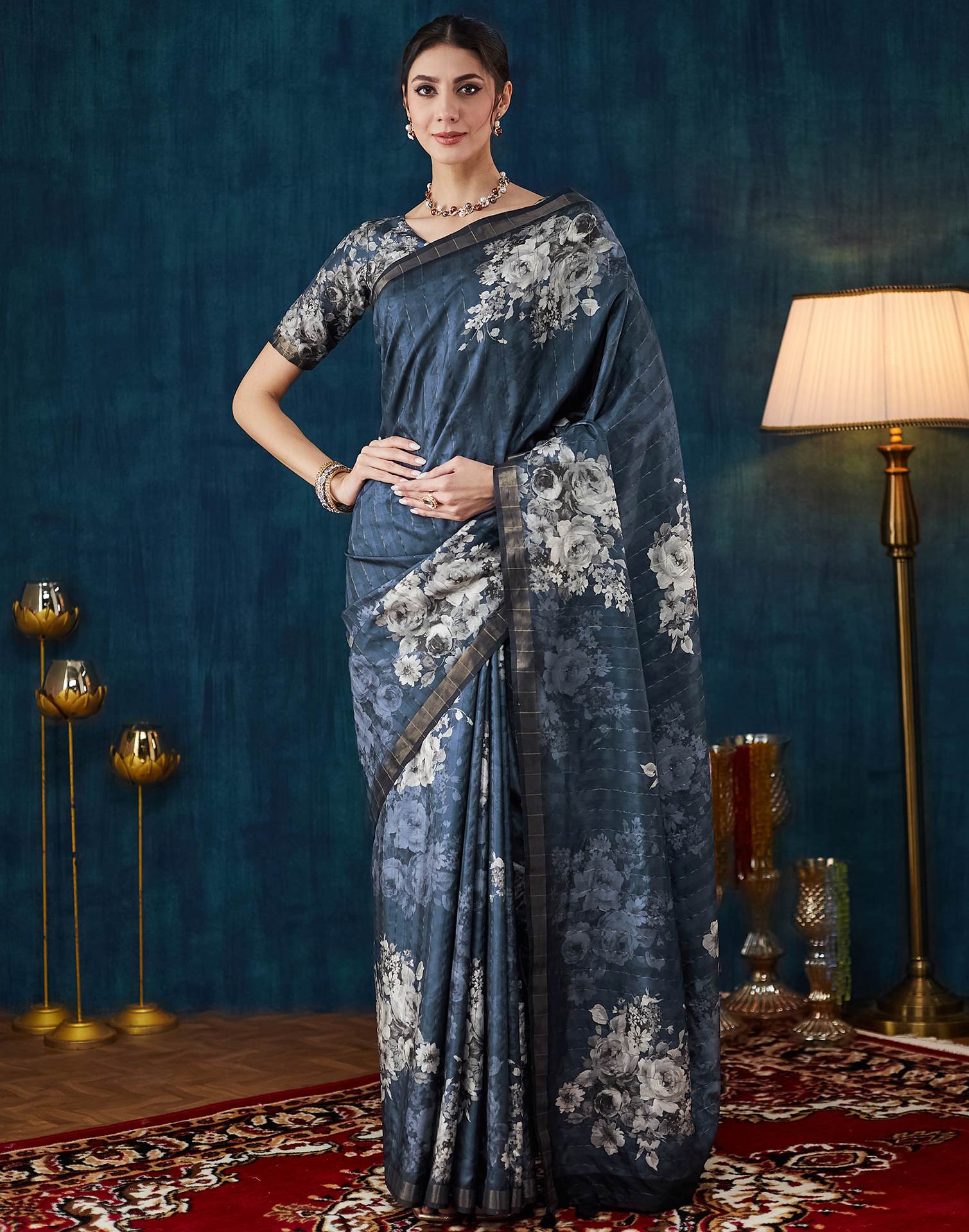 Navy Blue Printed Silk Saree