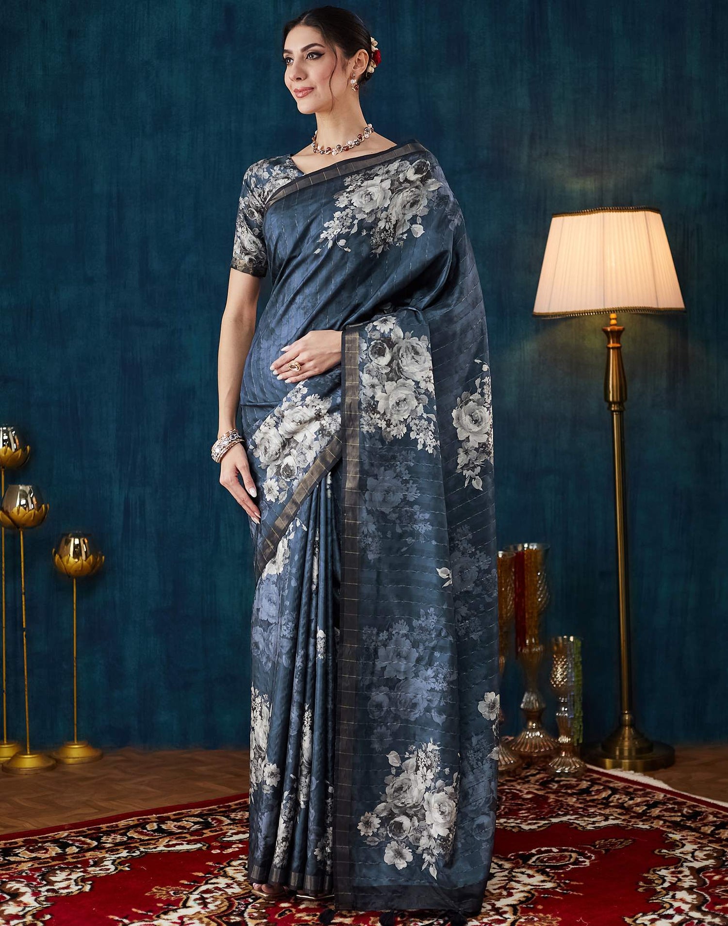 Navy Blue Printed Silk Saree