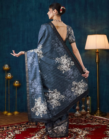 Navy Blue Printed Silk Saree