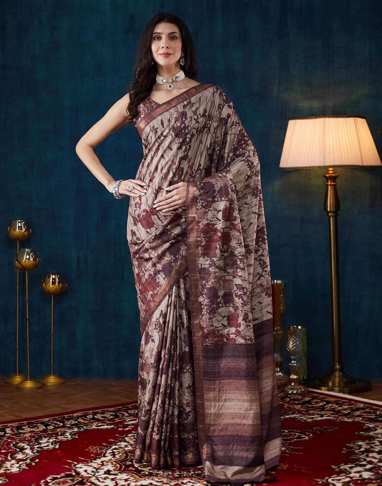 Dark Beige Printed Silk Saree