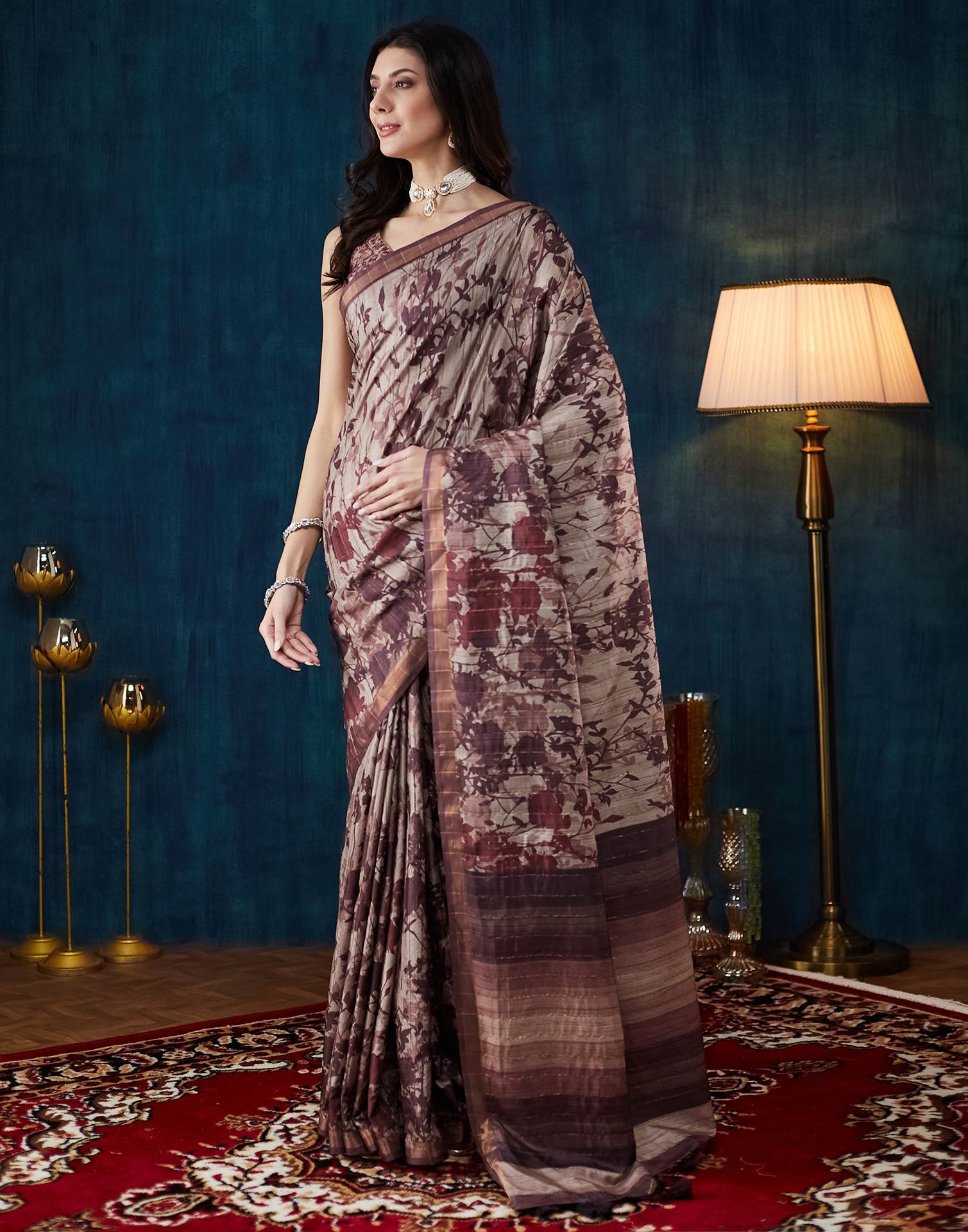 Dark Beige Printed Silk Saree