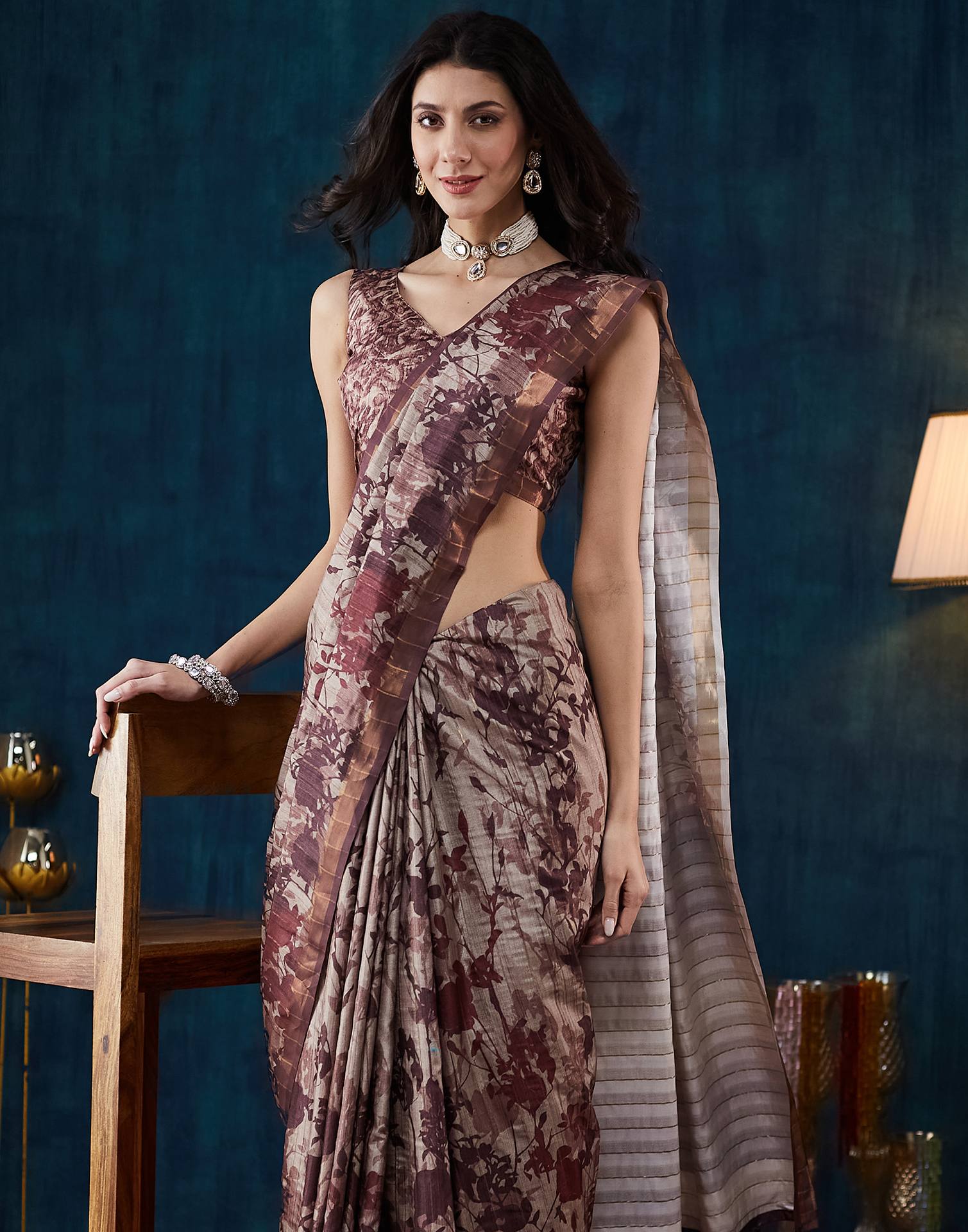 Dark Beige Printed Silk Saree