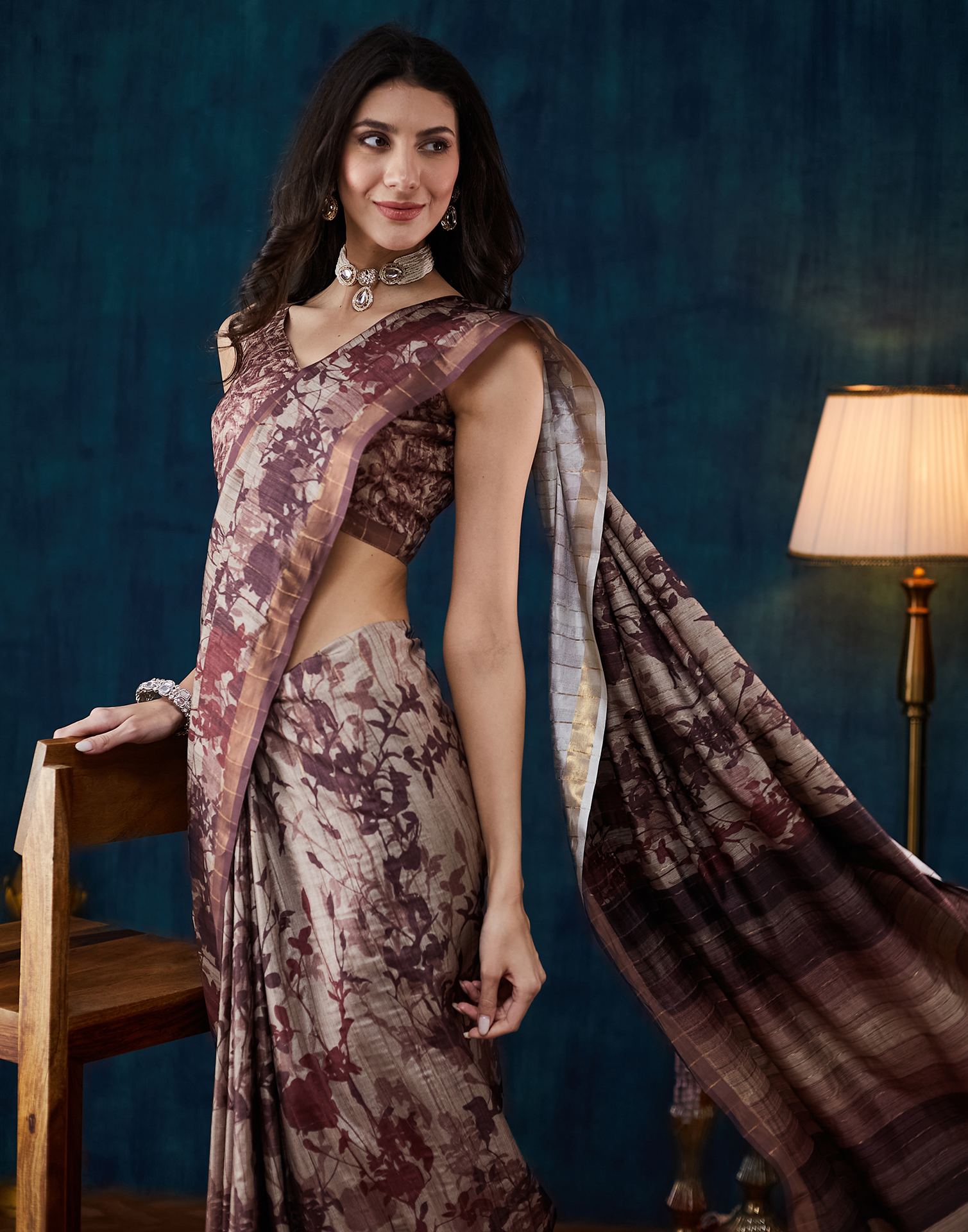 Dark Beige Printed Silk Saree