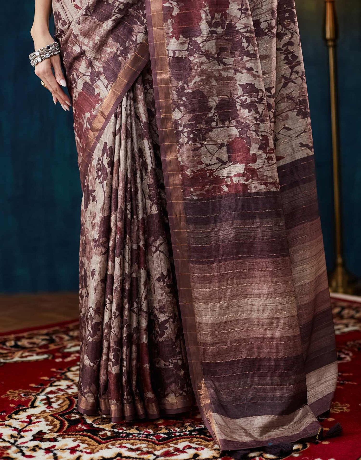 Dark Beige Printed Silk Saree