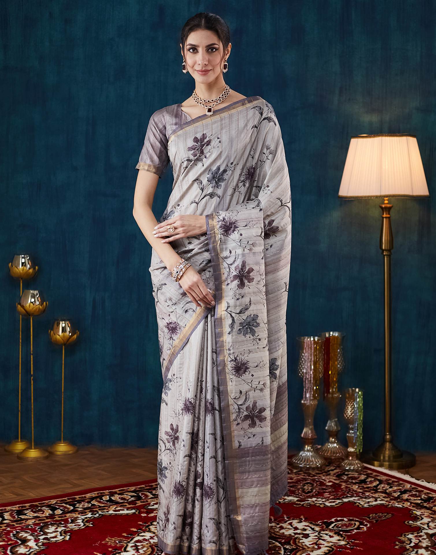 Grey Printed Silk Saree