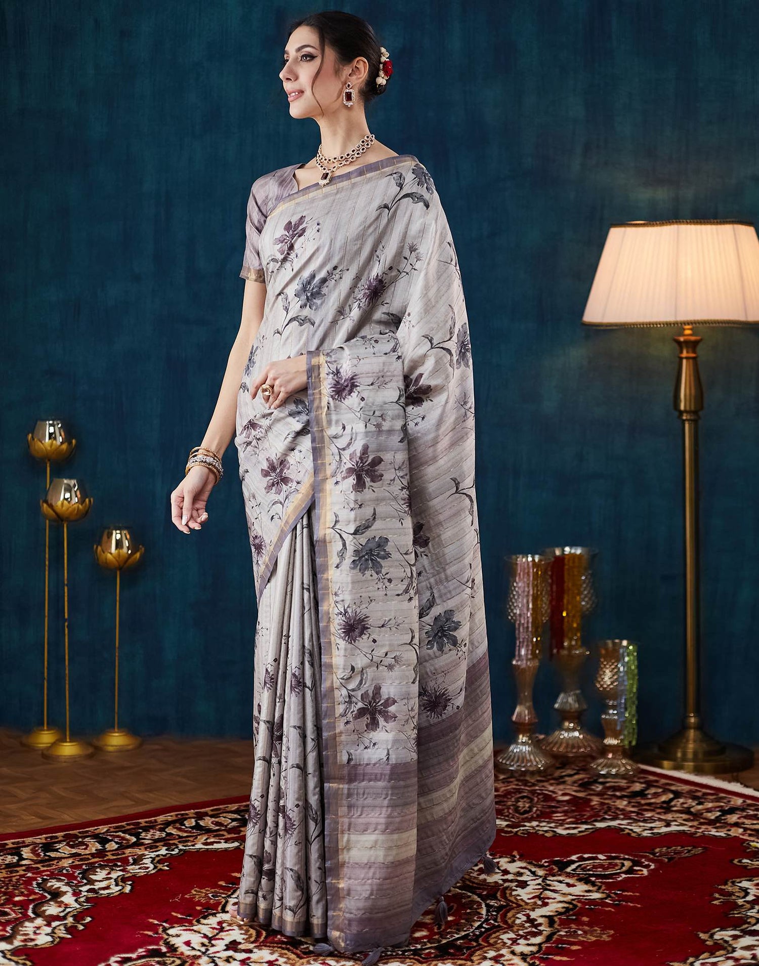 Grey Printed Silk Saree