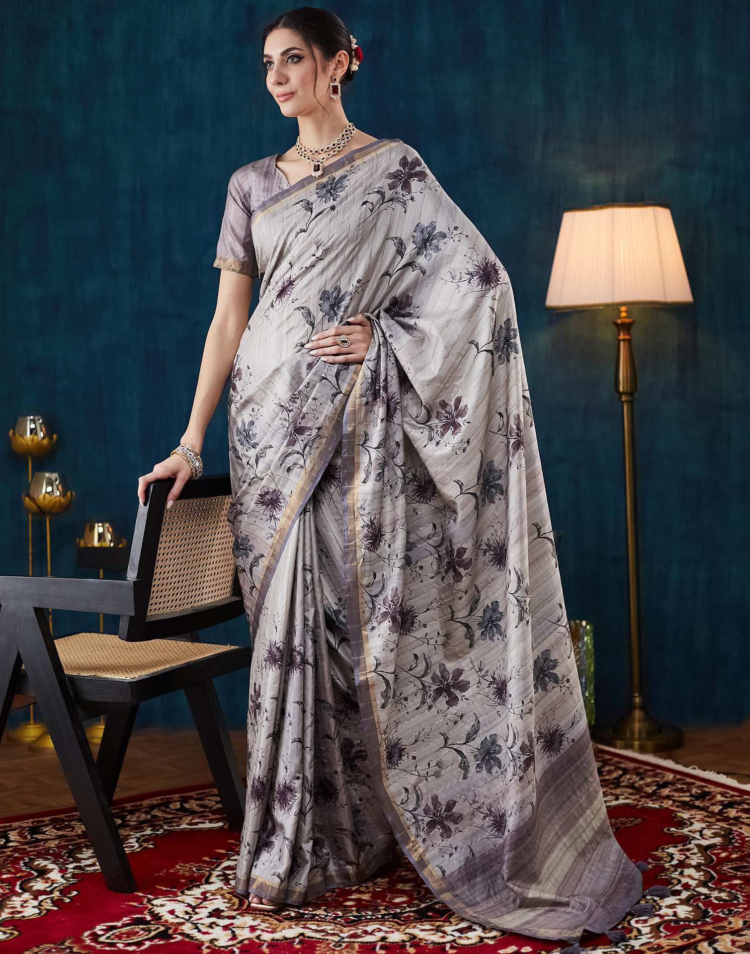 Grey Printed Silk Saree