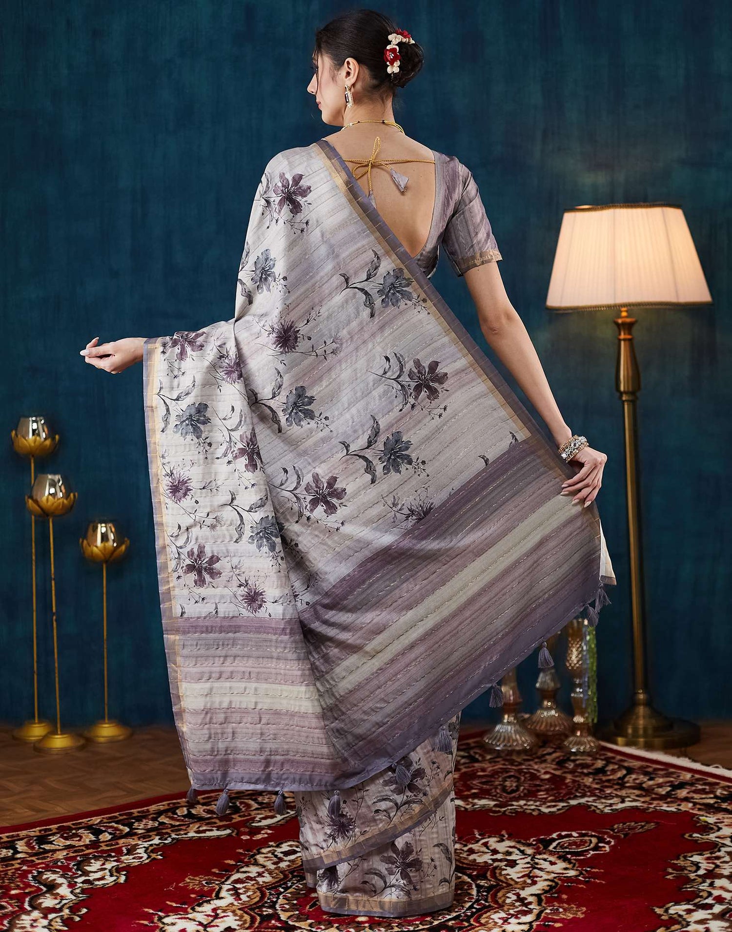 Grey Printed Silk Saree