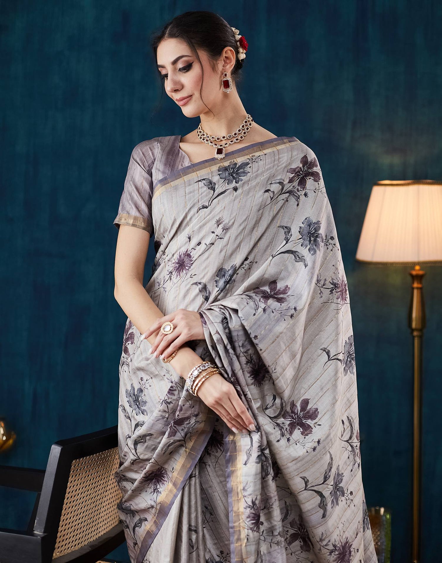 Grey Printed Silk Saree