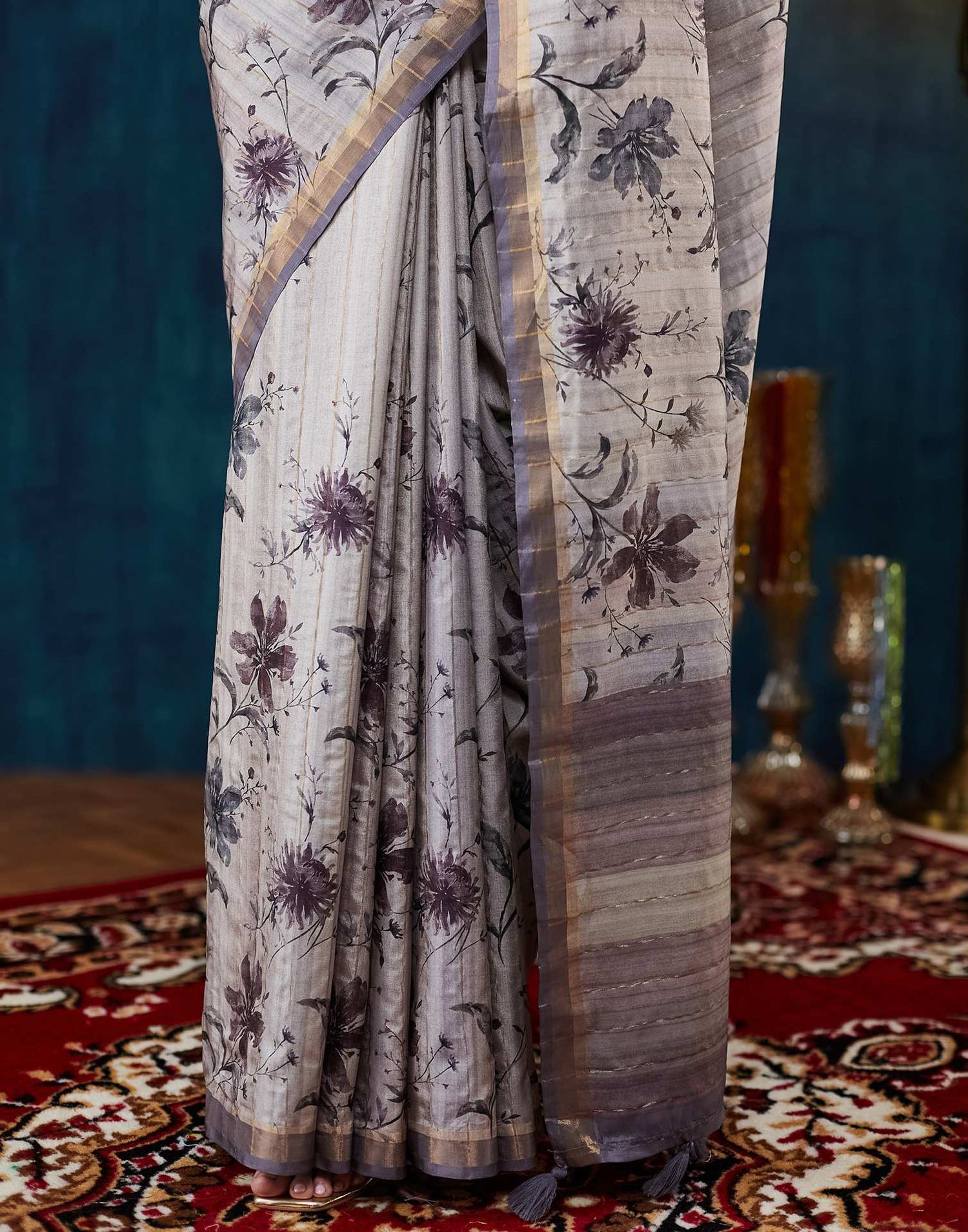 Grey Printed Silk Saree