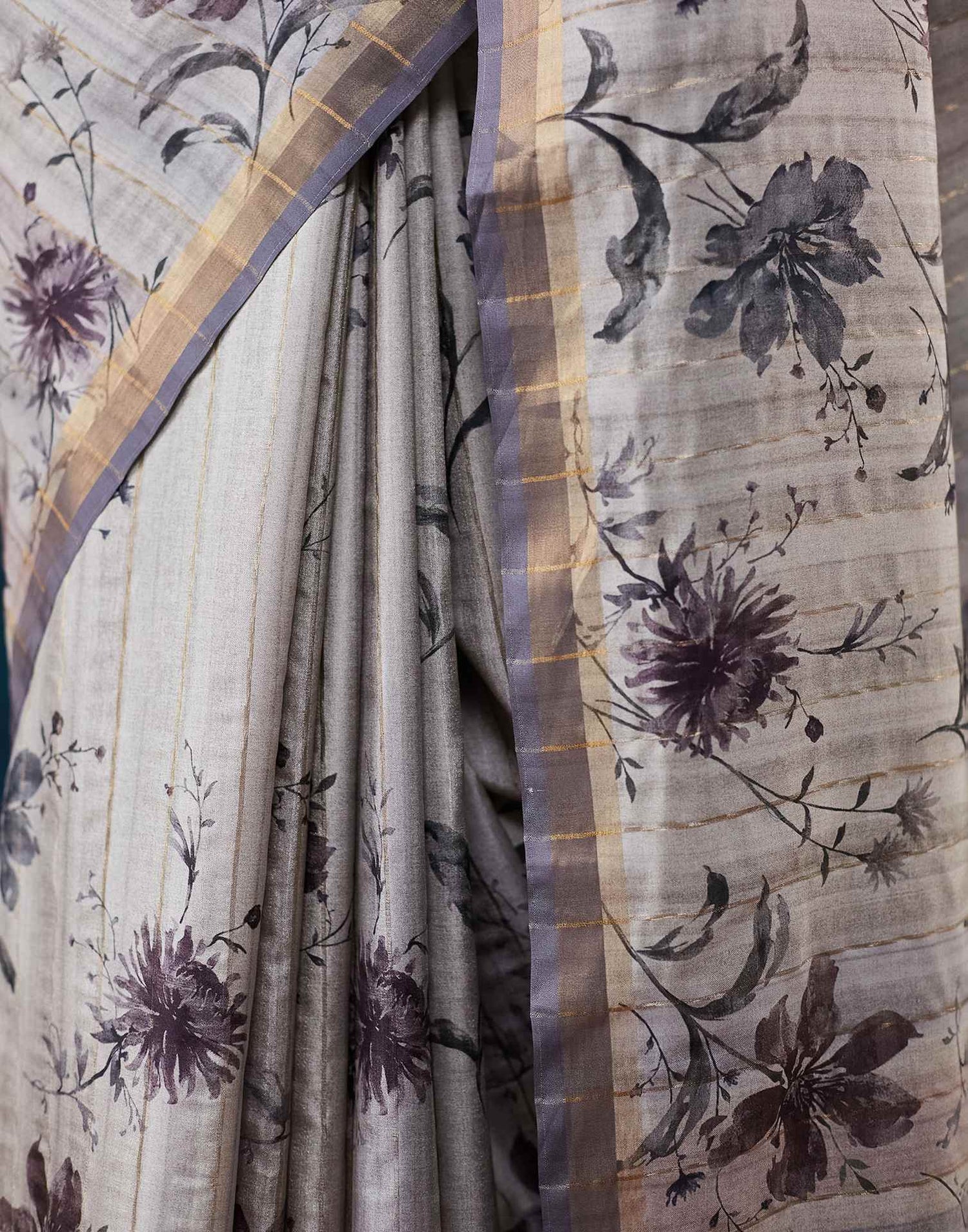 Grey Printed Silk Saree