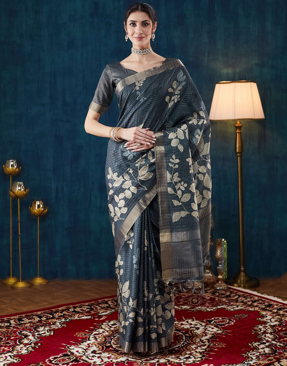 Dark Blue Grey Printed Silk Saree