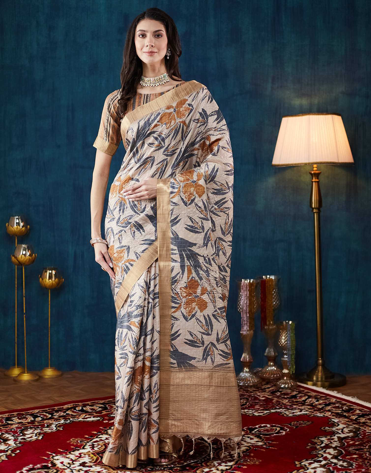 Beige Printed Silk Saree