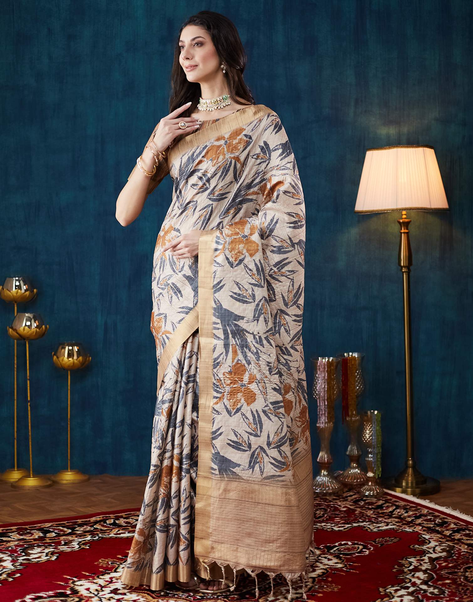 Beige Printed Silk Saree