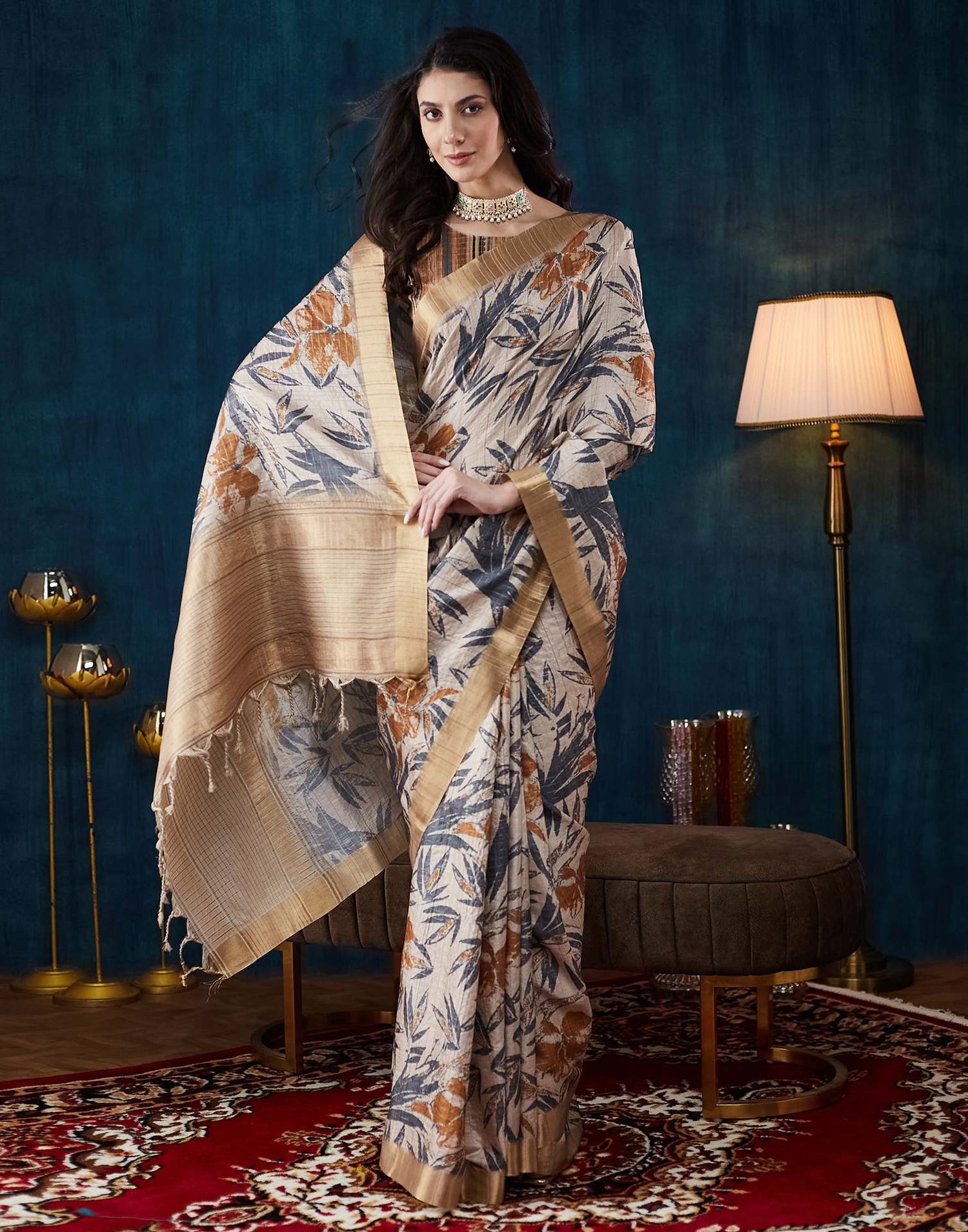 Beige Printed Silk Saree