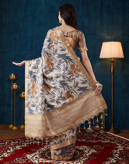 Beige Printed Silk Saree