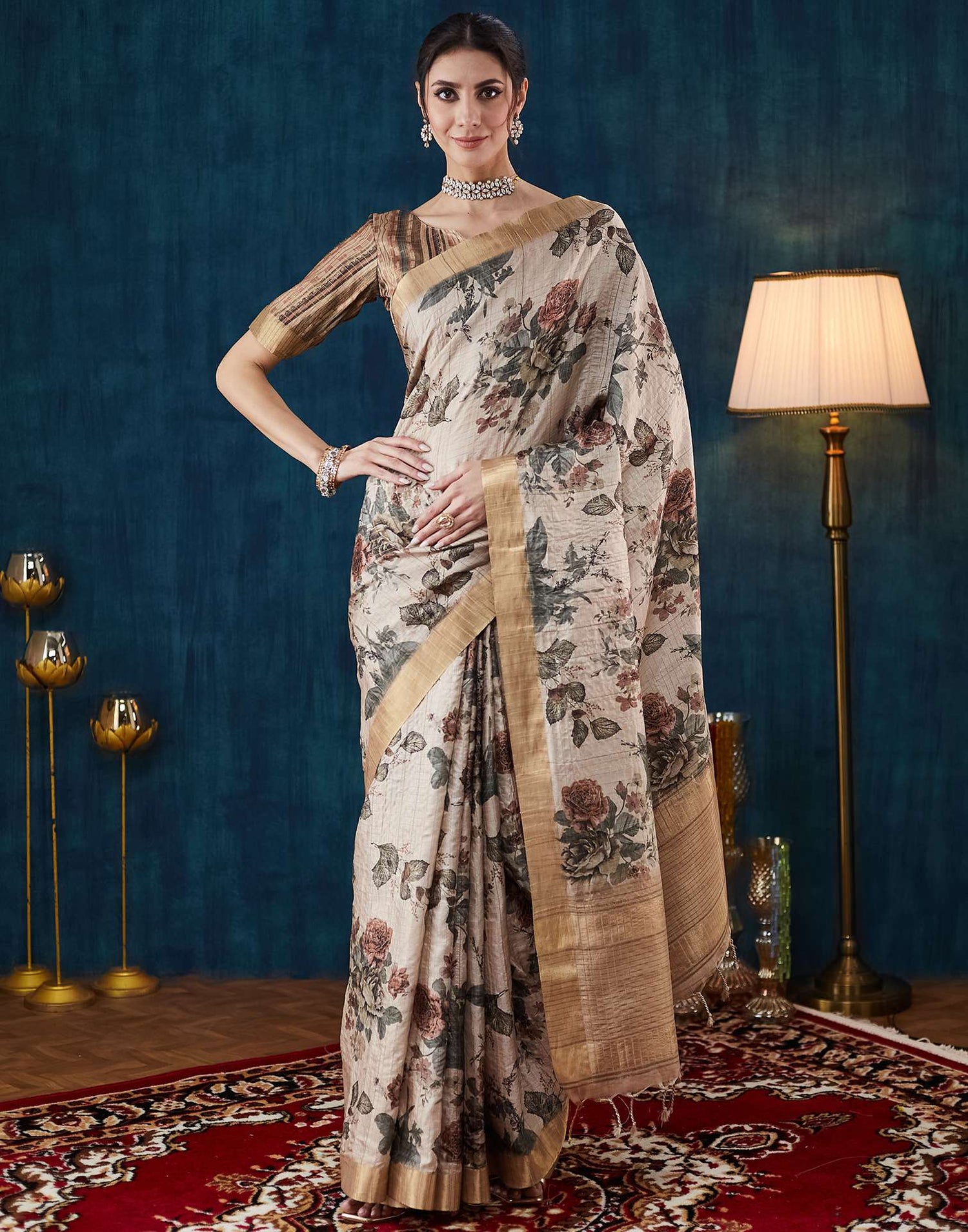 Beige Printed Silk Saree