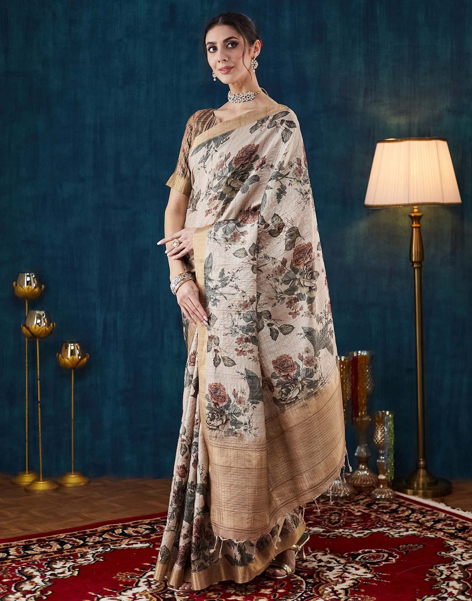 Beige Printed Silk Saree