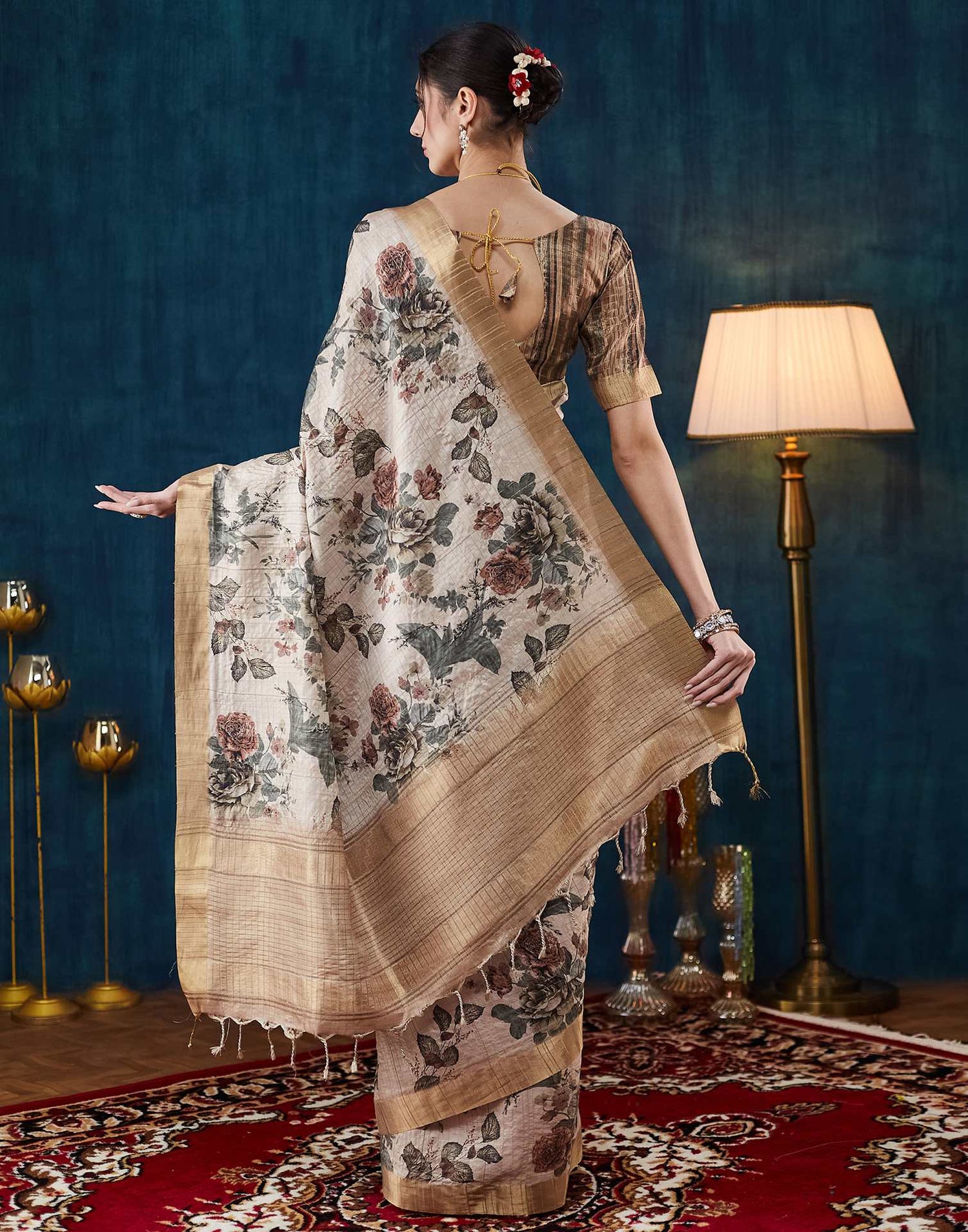 Beige Printed Silk Saree