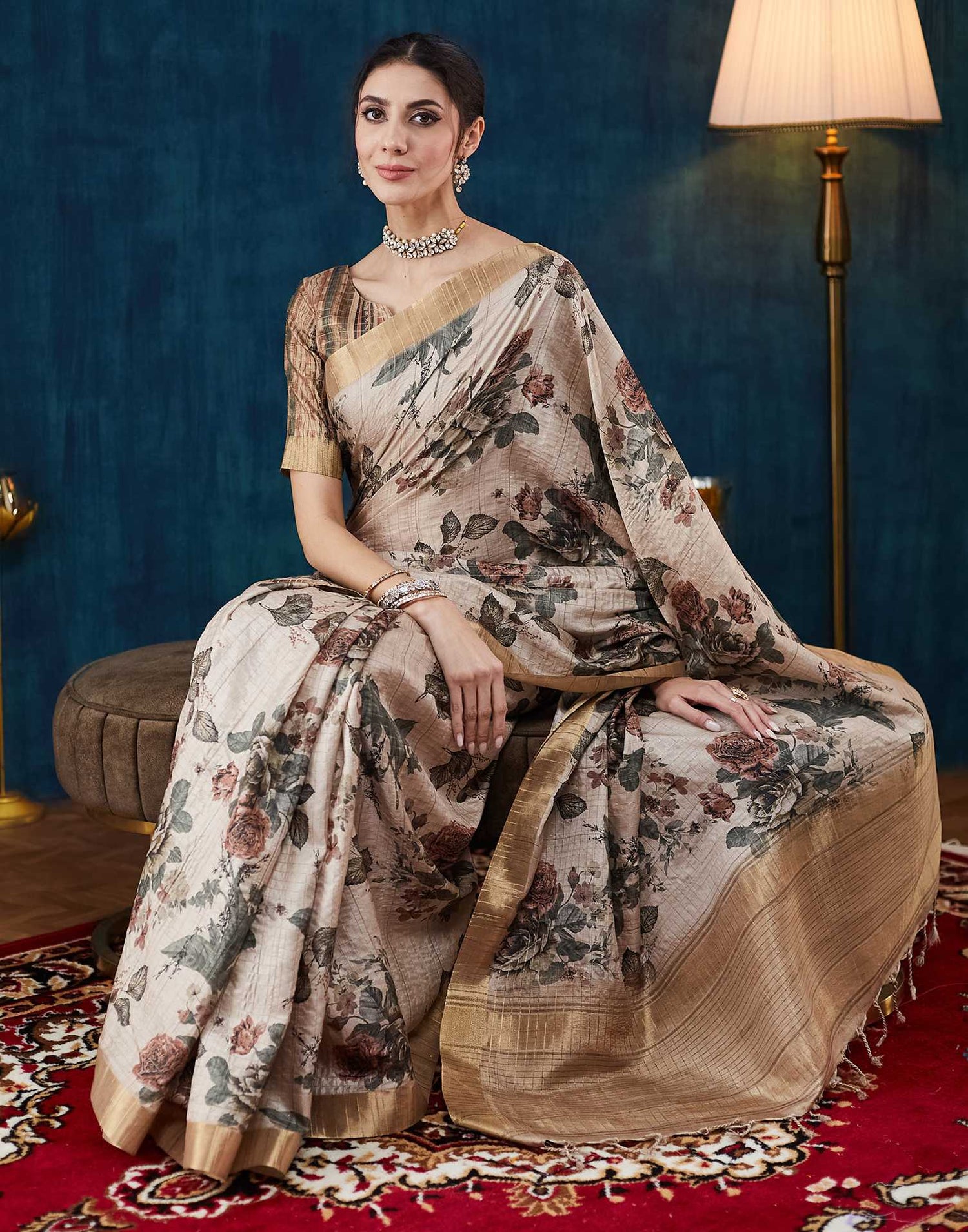 Beige Printed Silk Saree