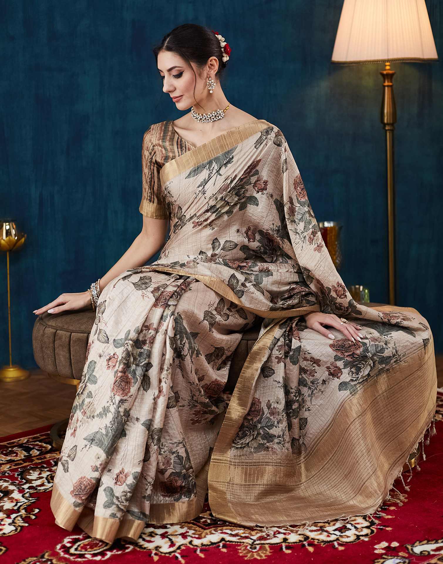 Beige Printed Silk Saree