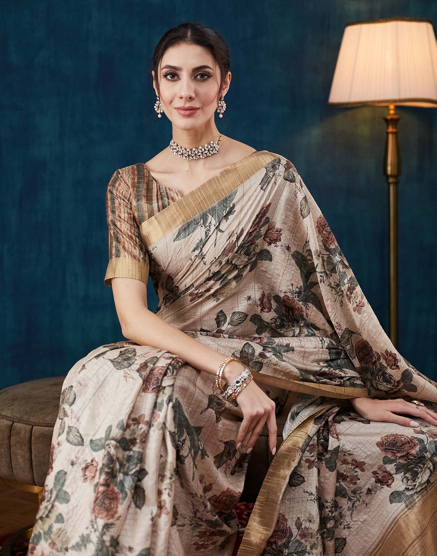 Beige Printed Silk Saree