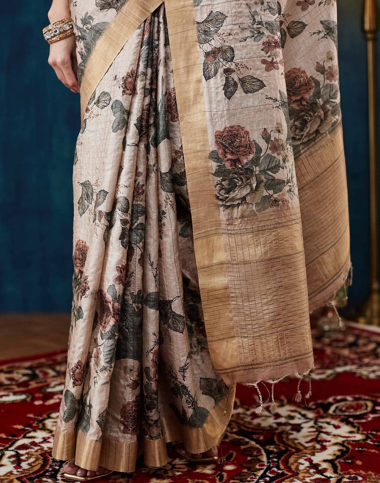 Beige Printed Silk Saree