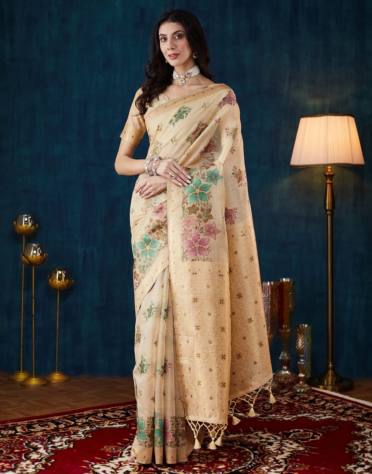 Beige Chanderi Weaving Woven Saree