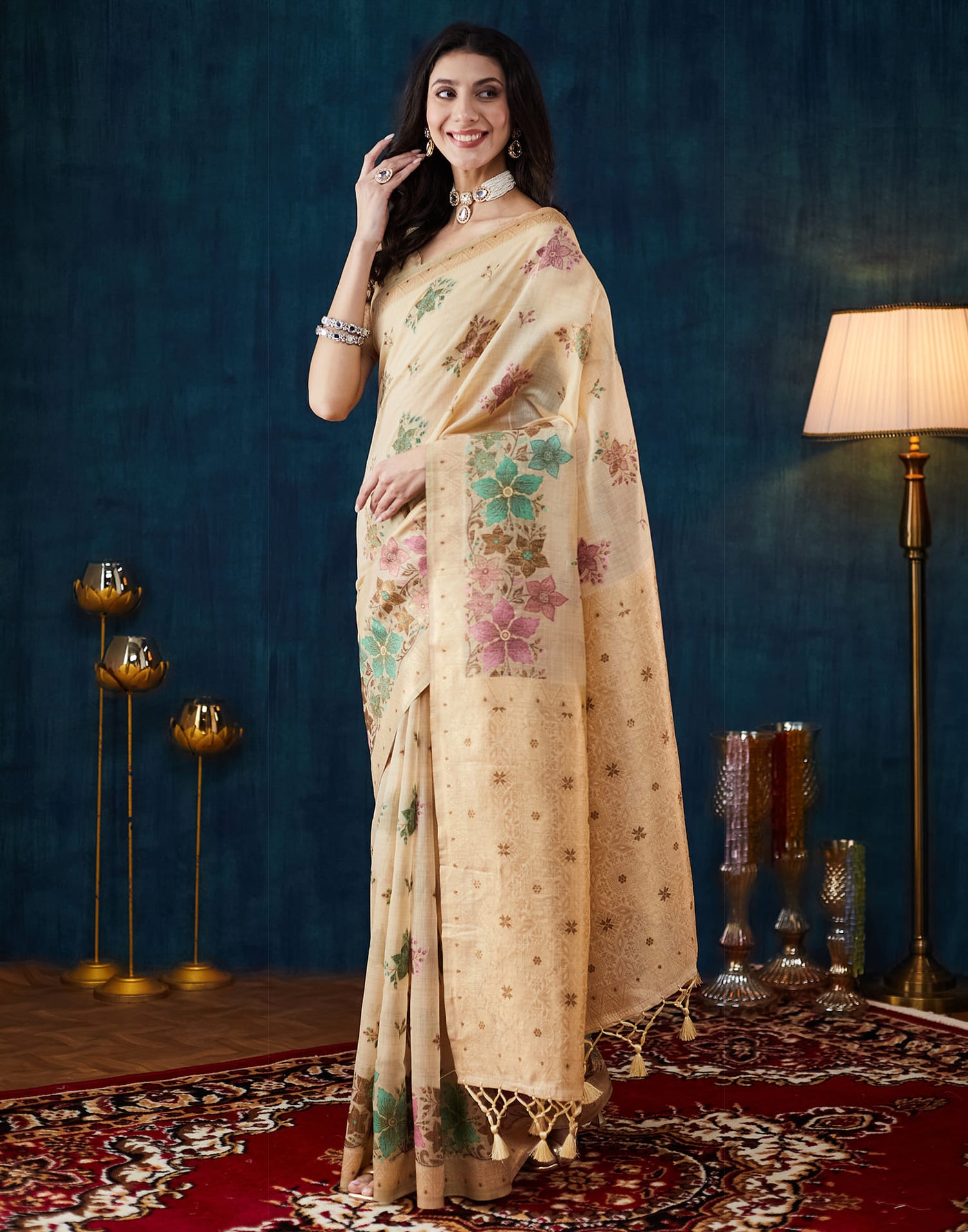 Beige Chanderi Weaving Woven Saree