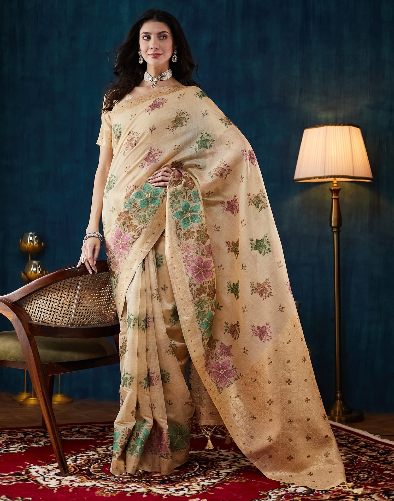 Beige Chanderi Weaving Woven Saree