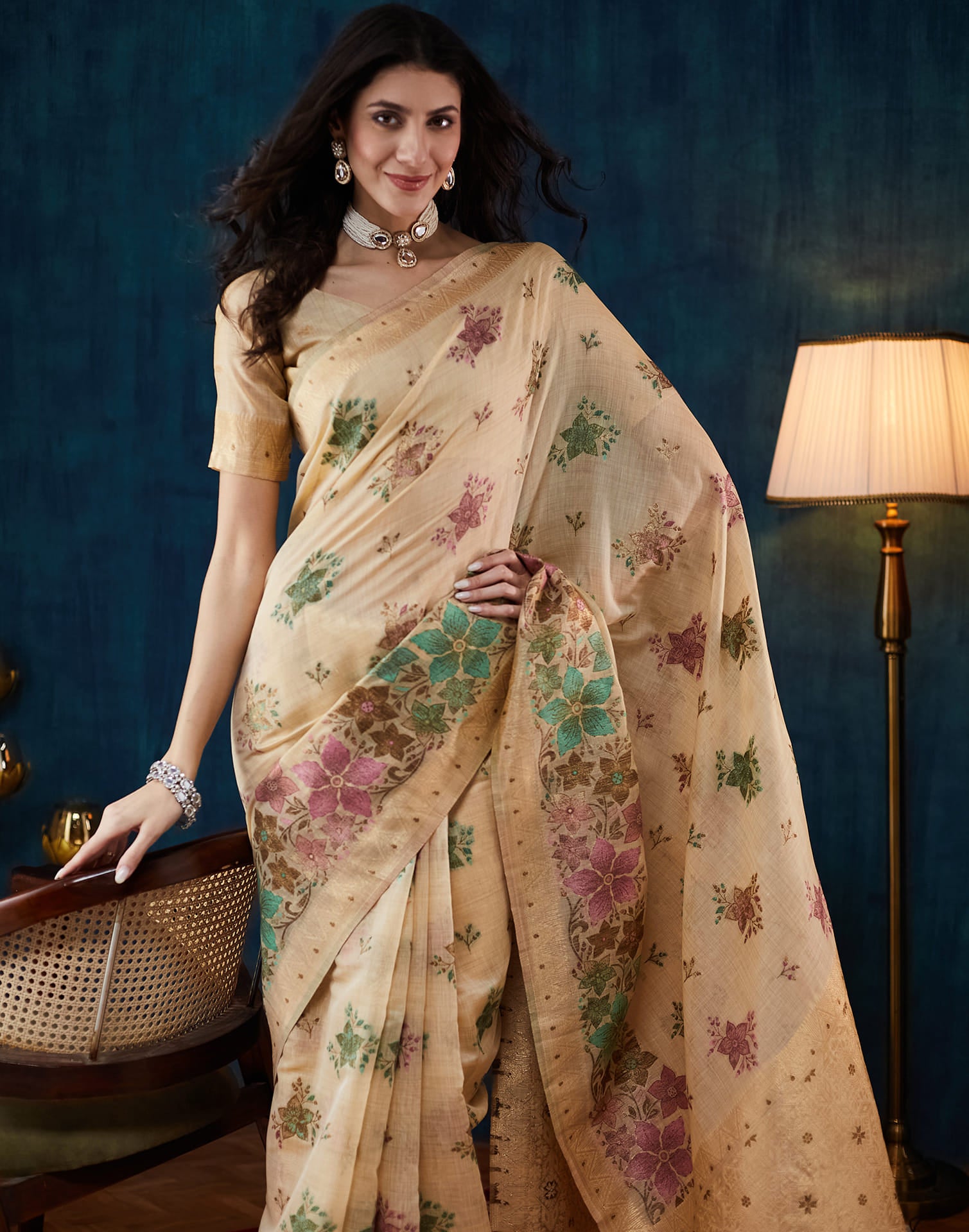 Beige Chanderi Weaving Woven Saree