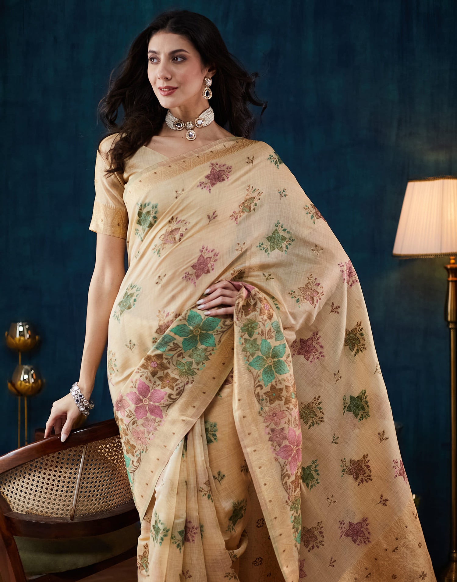 Beige Chanderi Weaving Woven Saree