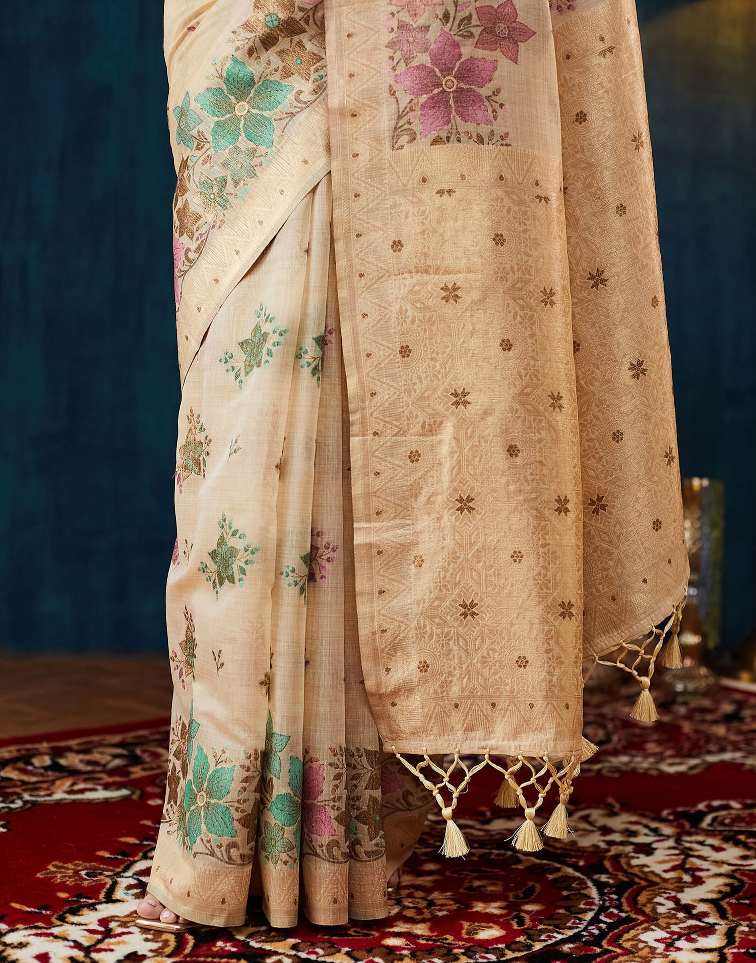 Beige Chanderi Weaving Woven Saree