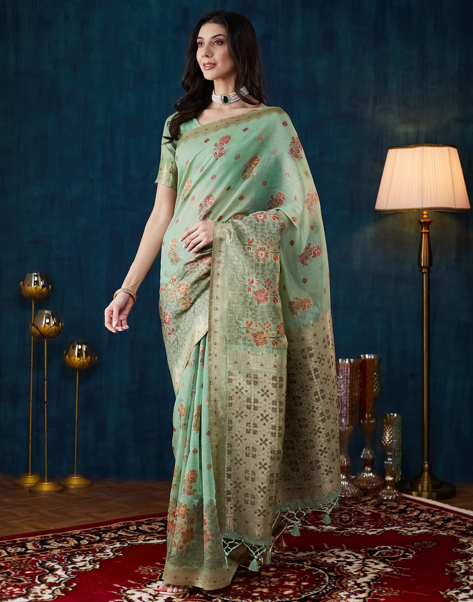 Light Pista Green Chanderi Weaving Woven Saree