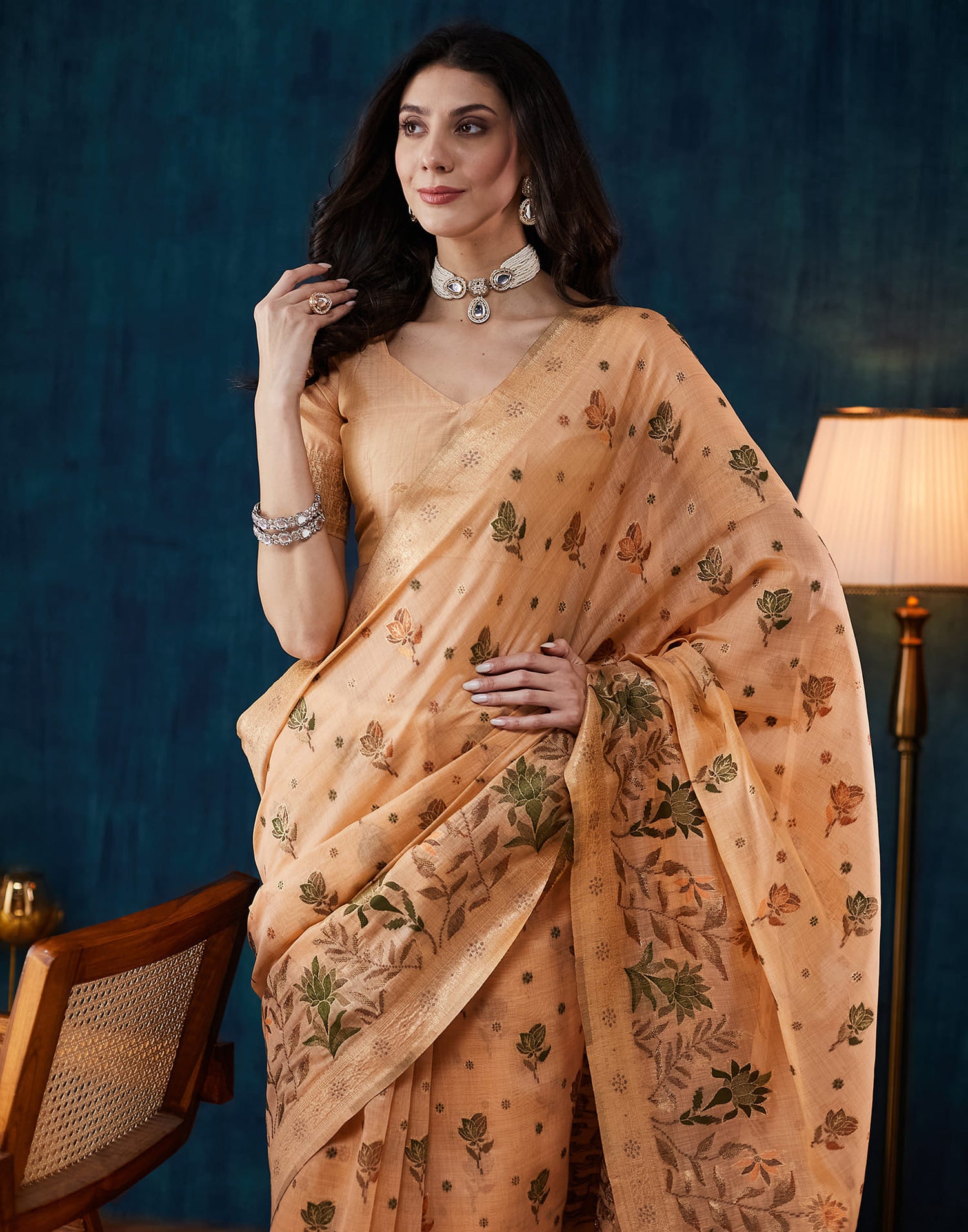 Peach Chanderi Weaving Woven Saree