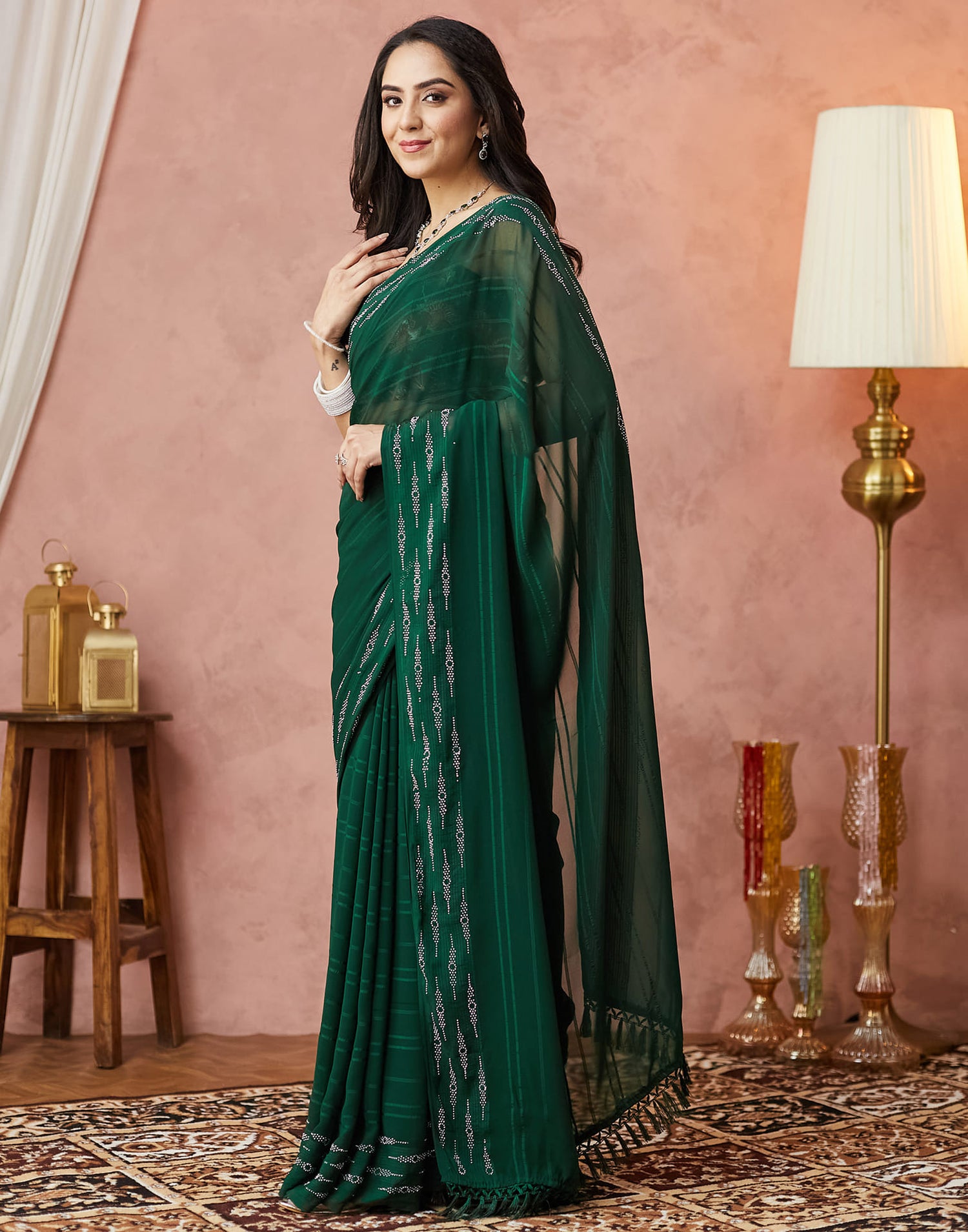 Dark Green Georgette Swarovski Embellished Saree