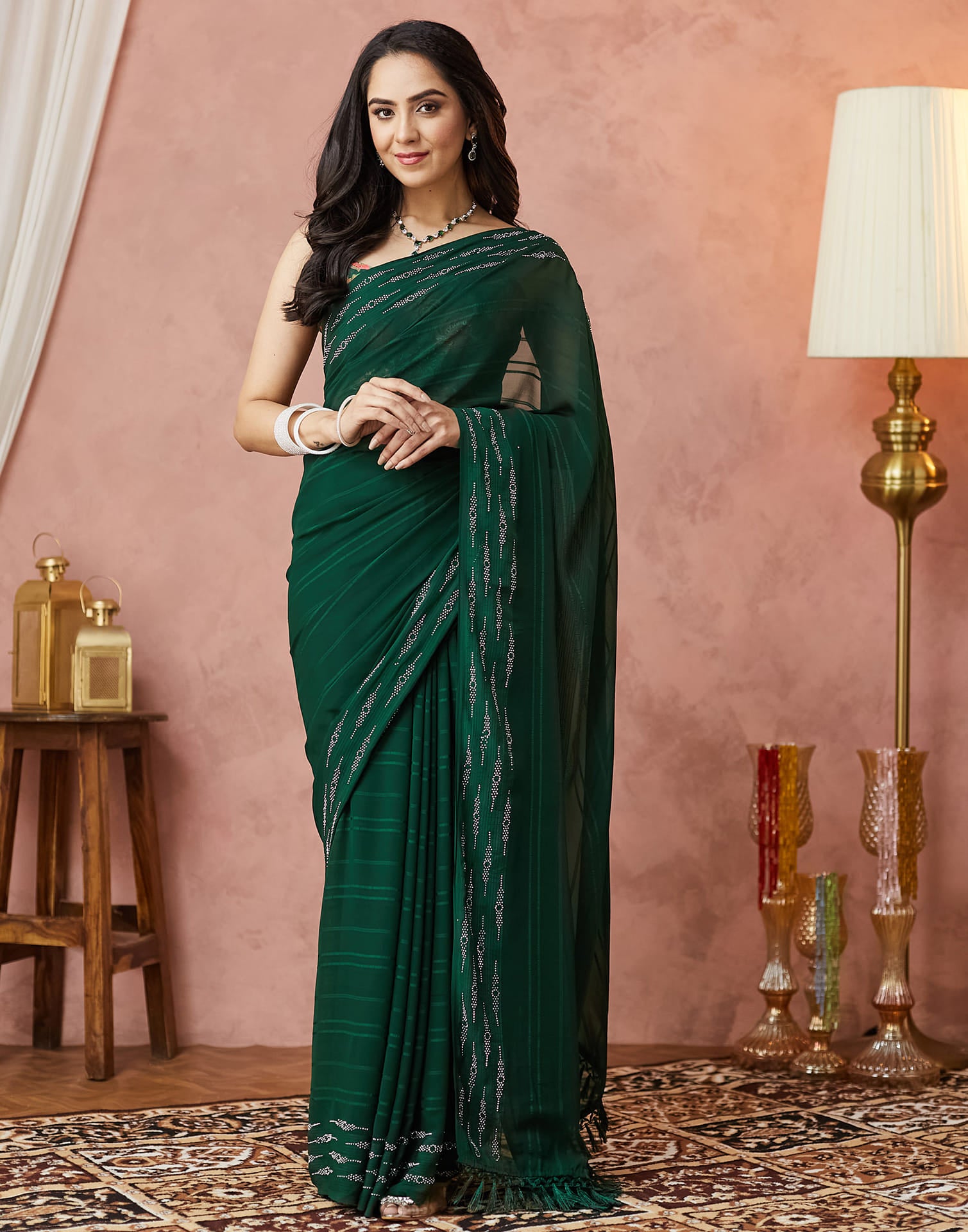 Dark Green Georgette Swarovski Embellished Saree