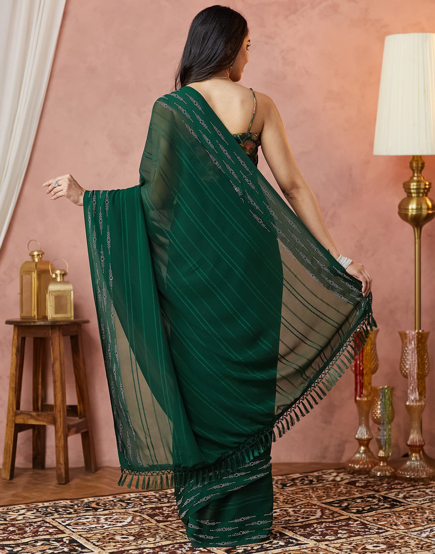 Dark Green Georgette Swarovski Embellished Saree