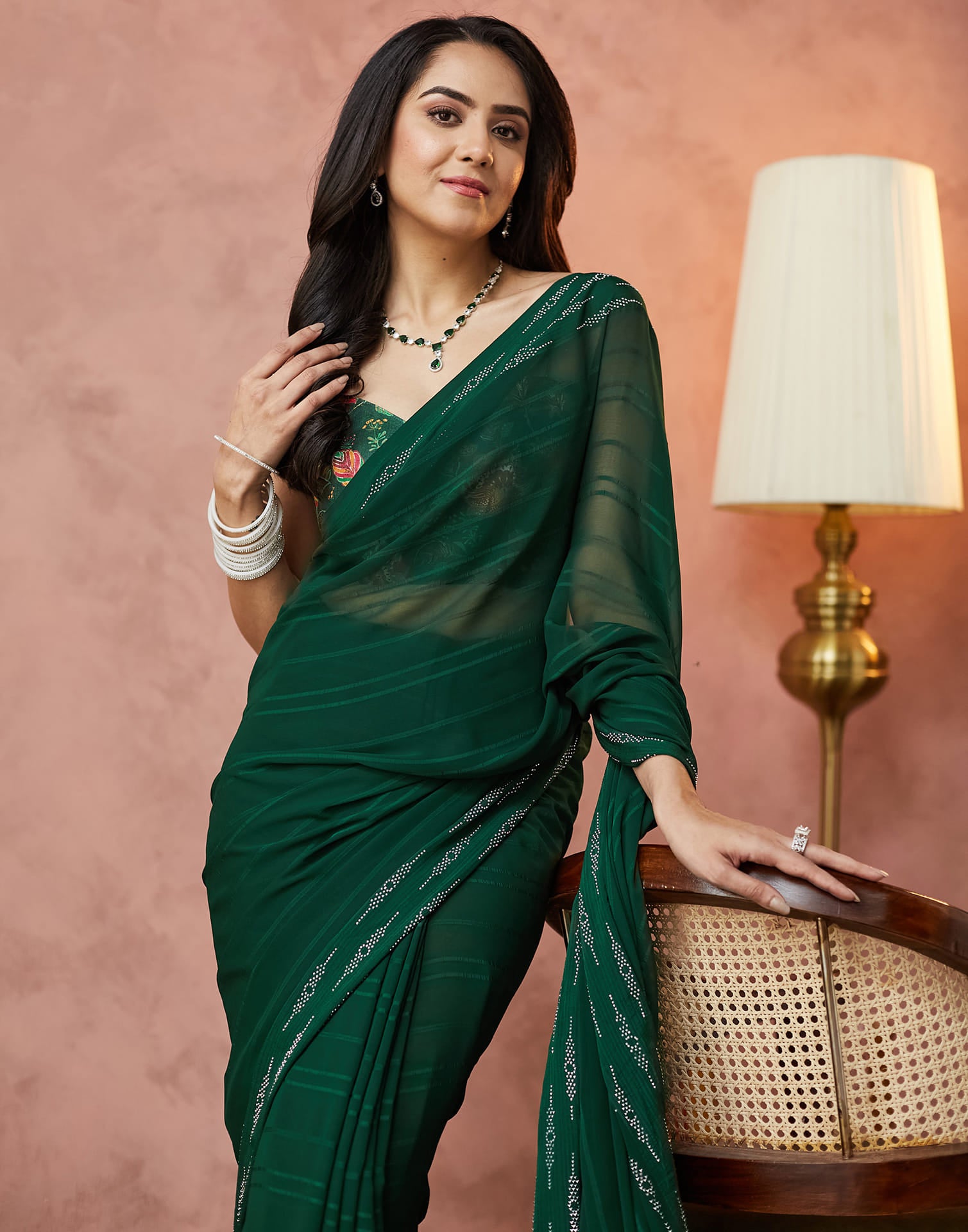 Dark Green Georgette Swarovski Embellished Saree