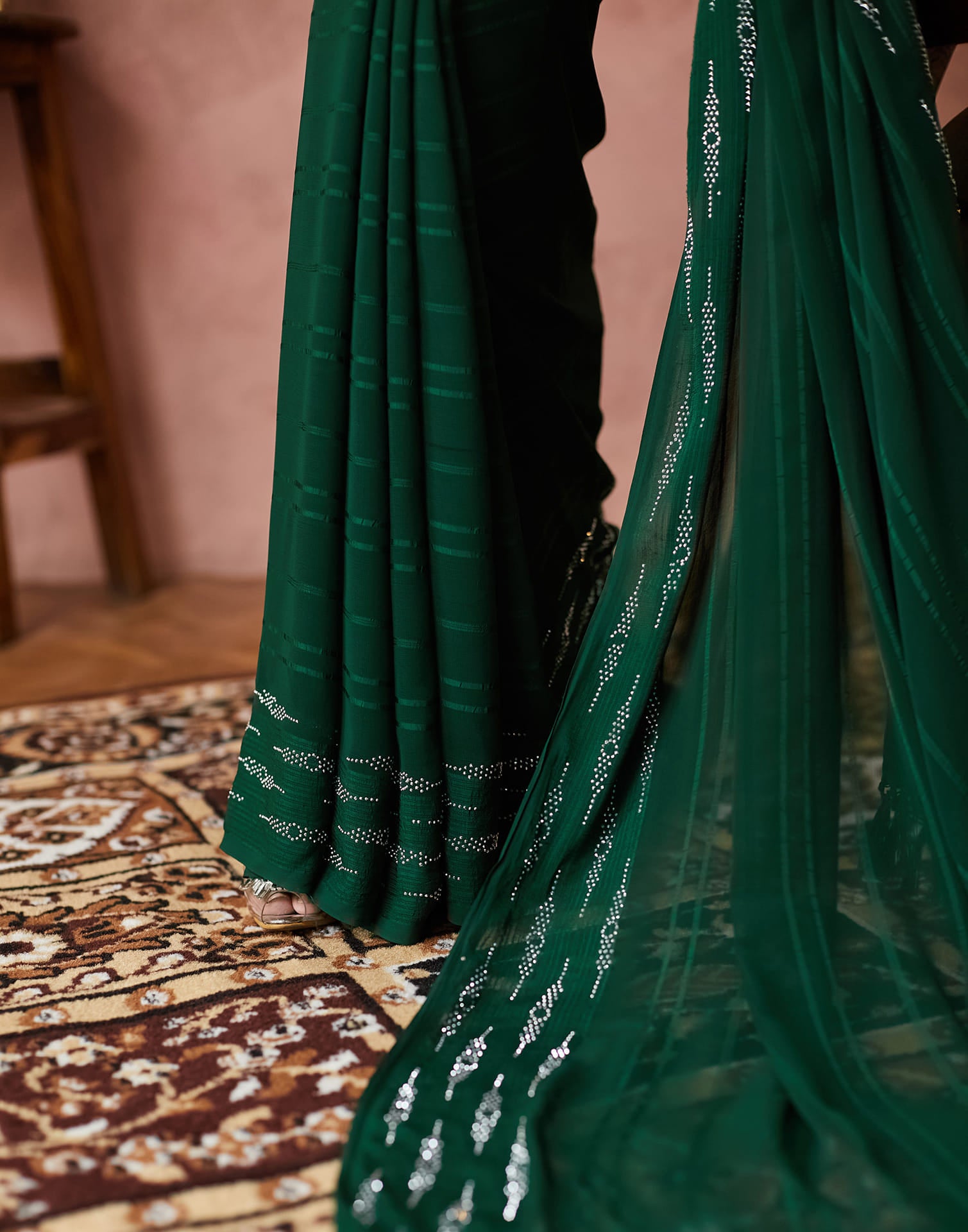 Dark Green Georgette Swarovski Embellished Saree